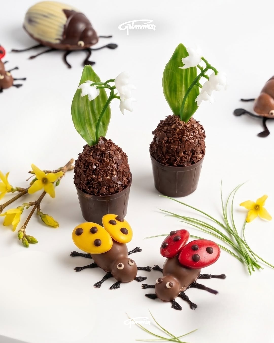 Créations de printemps en chocolat : muguet et coccinelles