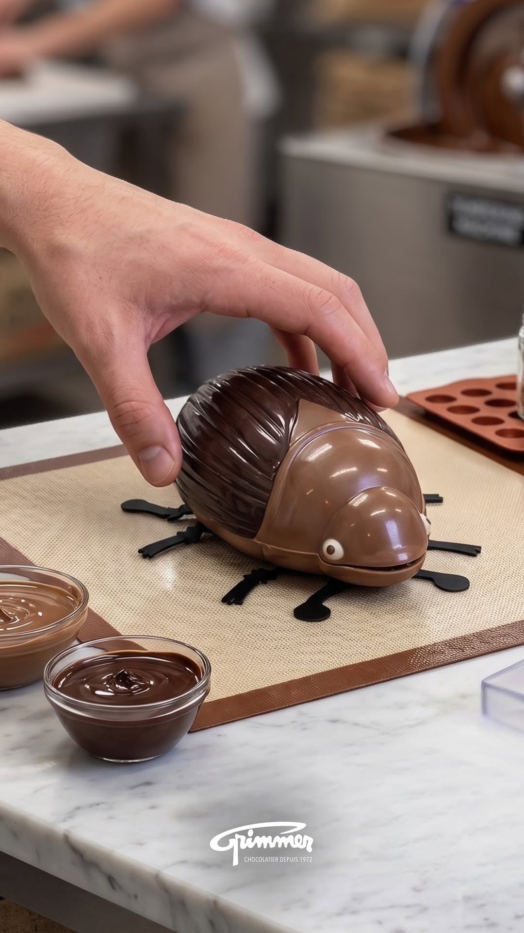 Un chocolatier façonne un hanneton en chocolat dans l'atelier Grimmer