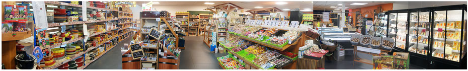 Intérieur boutique Jardins d'Alsace — rayons produits terroir