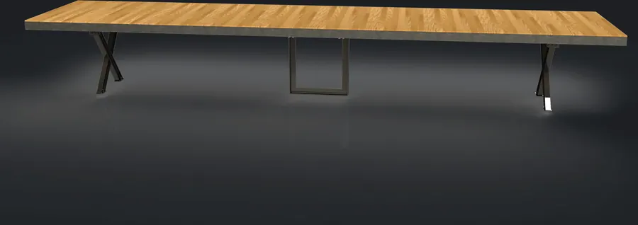 Piétement IPN en X. Fermée 220 × 110 cm, de une à six allonges de 50 cm dont trois rangées dans la table. Plateau chêne lamellé-ab