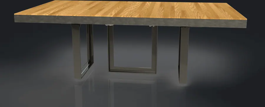 Structure acier en U. Table industrielle 220 × 110 cm, piétement et traverse centrale en U.