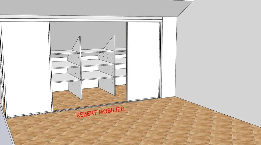 Rangement sous rampant, quatre portes. Rangement quatre portes sous rampant, position ouverte.