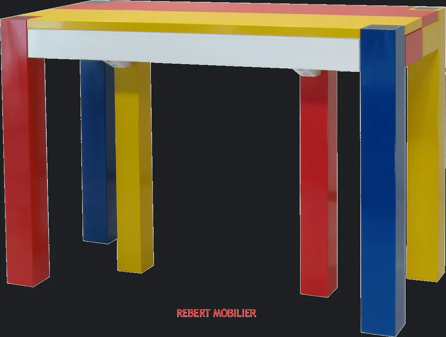 Console quint couleur. Laquée bleu, rouge, jaune, noir et blanc satiné. 50 cm de profondeur, extensible jusqu'à 2,50 m.