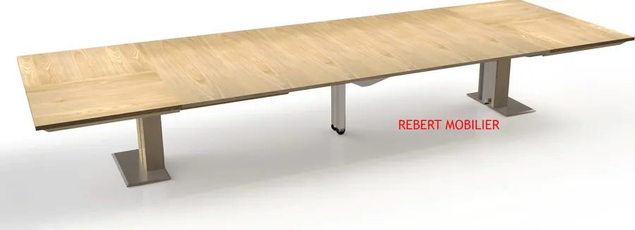 Carrée 180 × 160 cm en orme. Table carrée modulable monopied, orme, frisage fil, six allonges.