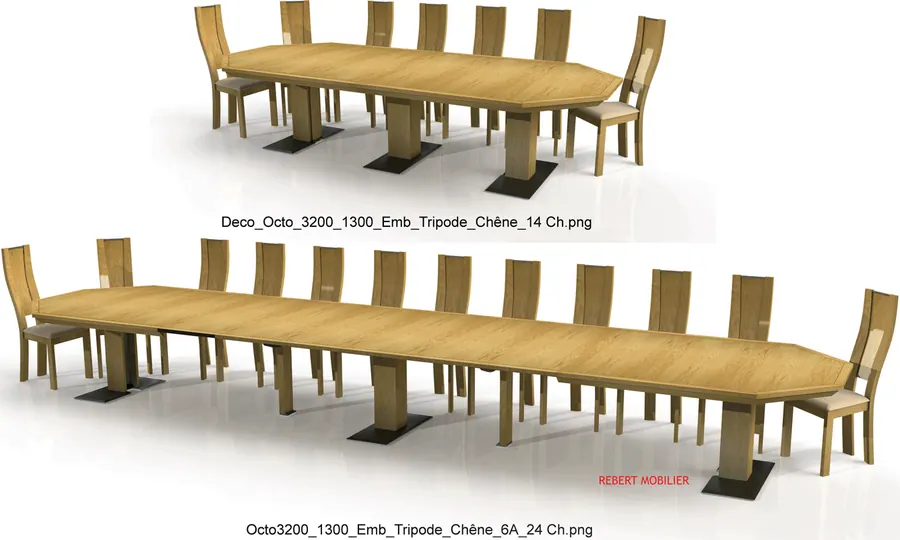 Octogonale tripode, 24 personnes. Fermée 320 × 130 × H 75 cm, six allonges inox de 50 cm rangées dans la table : vingt-quatre personnes à soixan
