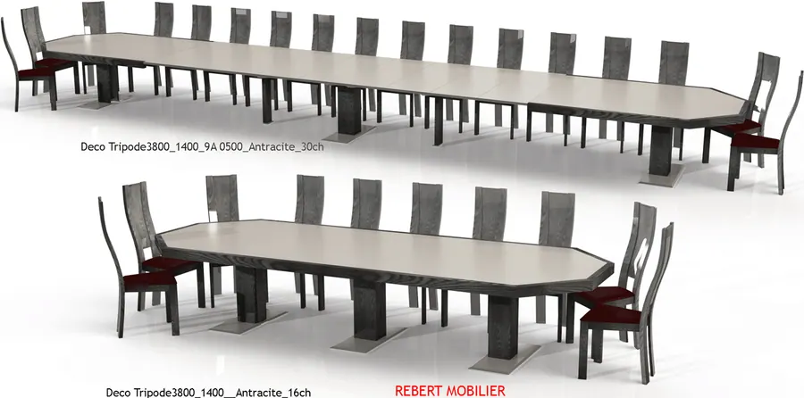 Octogonale anthracite, 30 personnes. Fermée 380 × 140 × H 75 cm, jusqu'à dix allonges inox de 50 cm rangées dans la table : trente personnes à soix