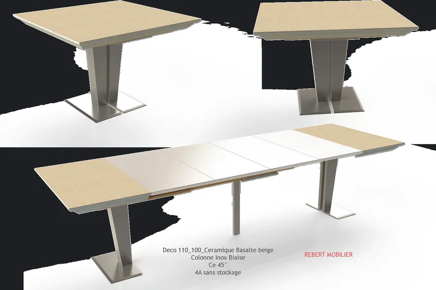 Plateau céramique basalte. Plateau céramique 110 × 100 cm sur colonne biaisée, extensible avec quatre allonges de 50 cm stockées dans la 