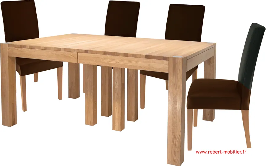 Quadripode chêne, abouts en ronce de noyer. Fermée 160 × 100 cm, plateau avec emboîture. Six allonges bois de 50 cm : extensible à 460 cm pour dix-huit co