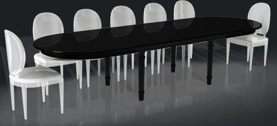 Louis XVI, laque noire mate. Ovale oblongue 180 × 110 cm extensible à 280 × 110 cm avec deux allonges de 50 cm, laque noire mate.