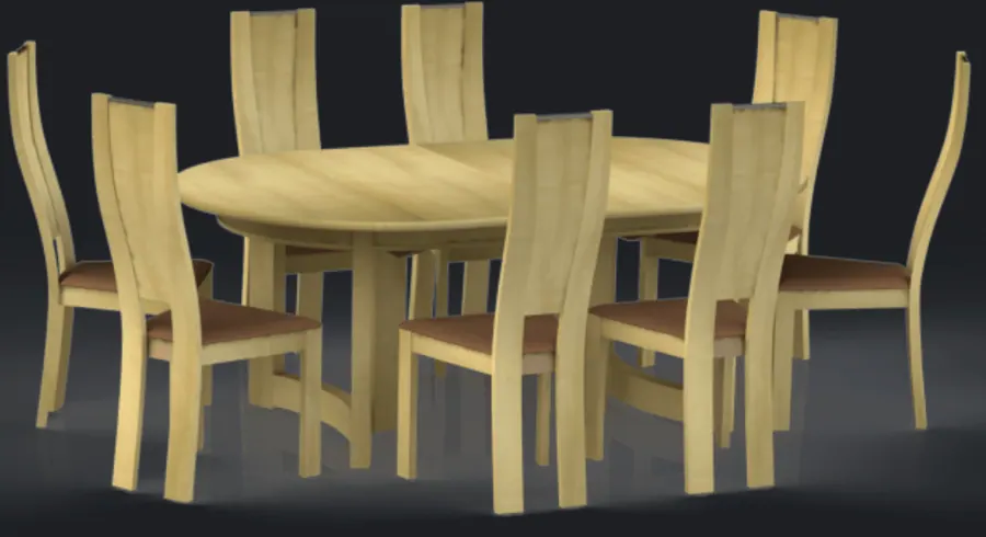 Oblongue de 6 à 20 places. Oblongue 200 × 110 cm en chêne, extensible à 500 cm avec six allonges de 50 cm.