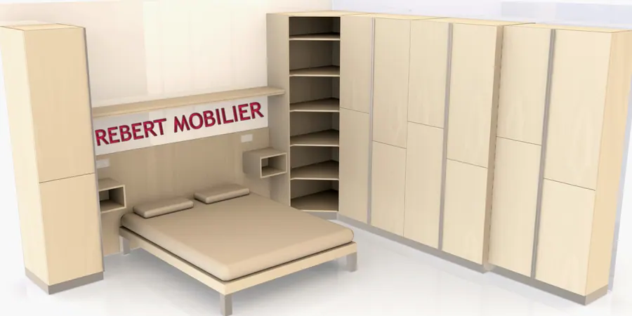 Chambre complète. Chambre complète avec dressing à caissons et tiroirs, bois de lit, chevet, éclairage à LED, réalisée à l'ateli
