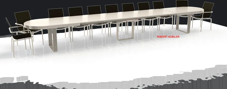Oblongue inox, piétement U. Table d'extérieur oblongue 260 × 90 cm, six allonges, jusqu'à vingt places.