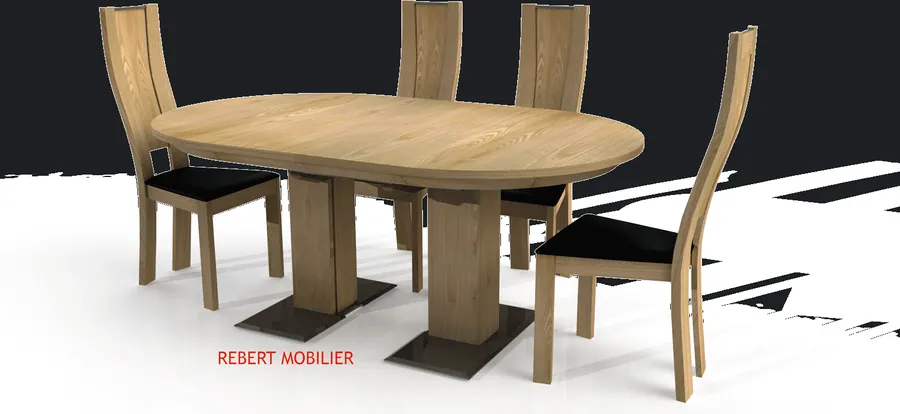 Oblongue en orme, ceinture biaisée. Fermée 170 × 110 × H 75 cm, de une à six allonges inox de 50 cm rangées dans la table : dix-neuf personnes à s