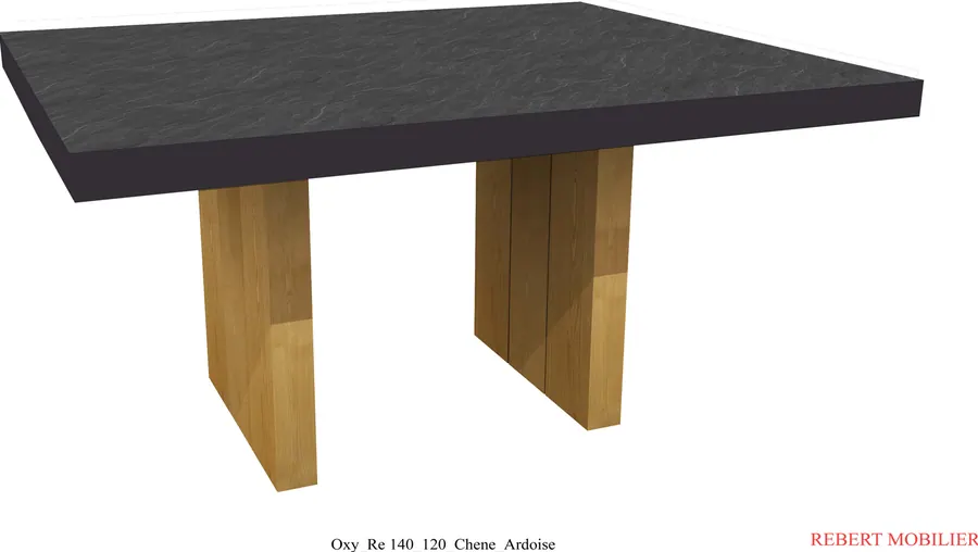 Chêne et ardoise. Oxygène 140 × 120 cm, plateau chêne et ardoise.