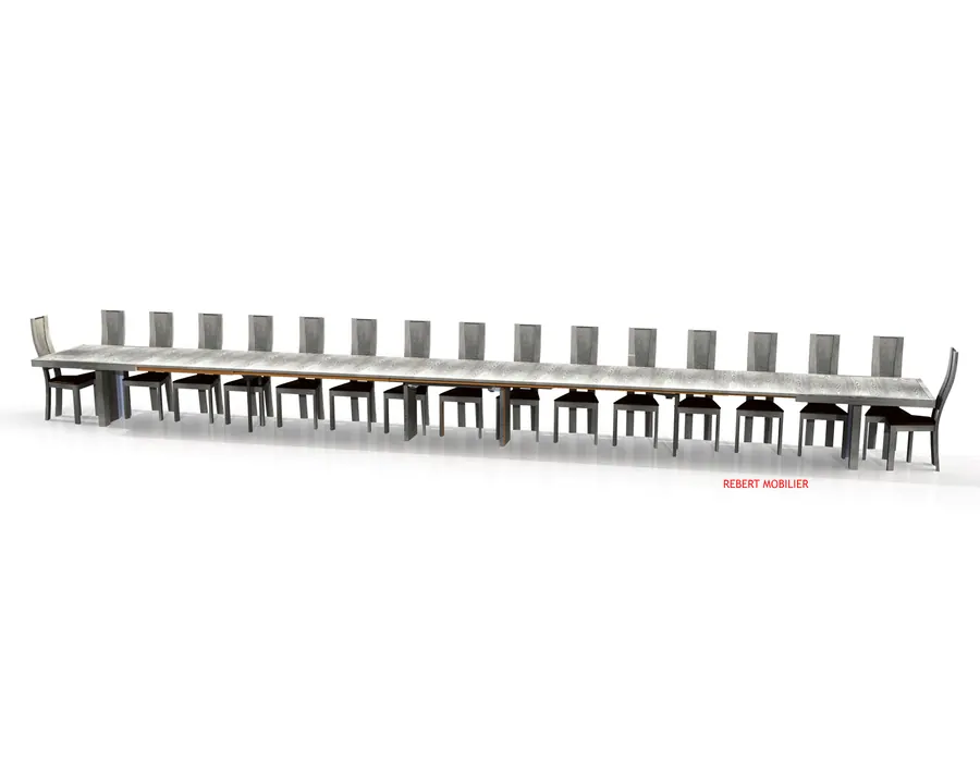 Trente couverts en chêne gris. Oxygène 240 × 100 cm, onze allonges, ouverte à six mètres.