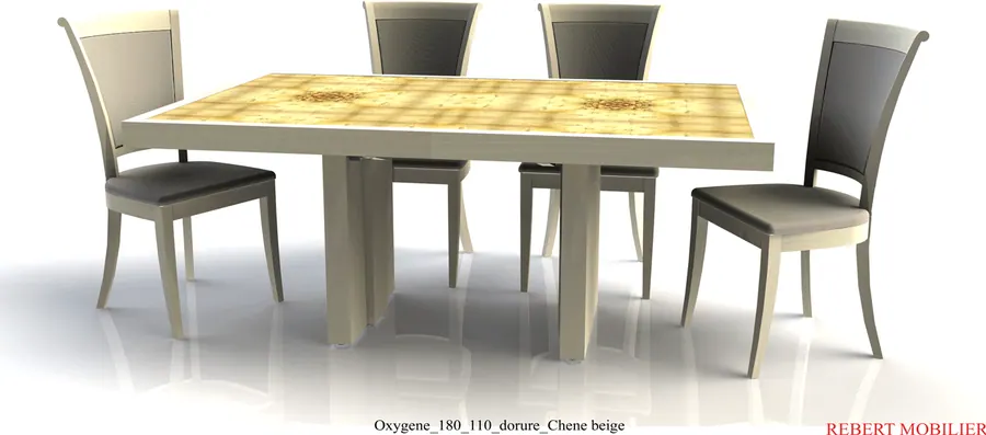 Dorure et chêne beige. Oxygène 180 × 110 cm, plateau plaqué à la feuille d'or et chêne beige.