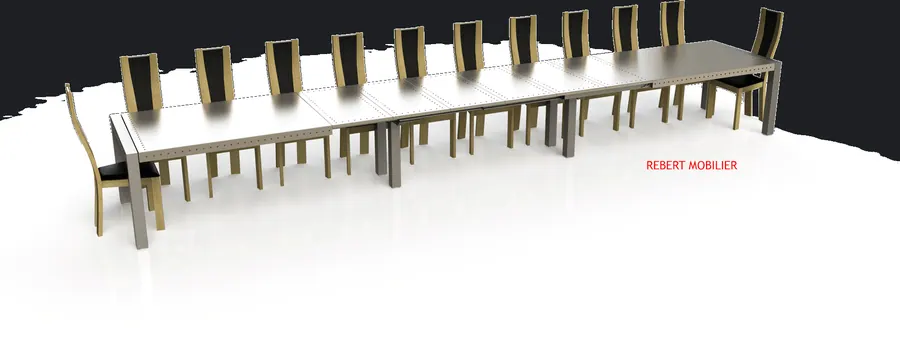 Trois mètres d'inox, allonges ouvertes. Table extérieure 300 × 100 cm en inox, quatre pieds contournants, allonges déployées.