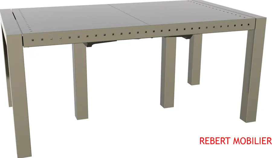 Piétement métal ajouré. Table extérieure 160 × 90 cm, six allonges, piétement métal ajouré carré.