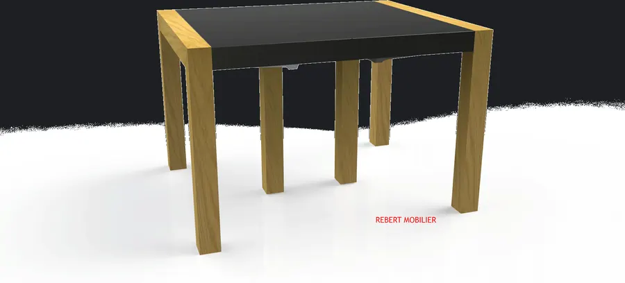 Plateau résine, piétement contournant chêne. Fermée 160 × 90 cm, modulable de une à six rallonges de 50 cm rangées dans la table.