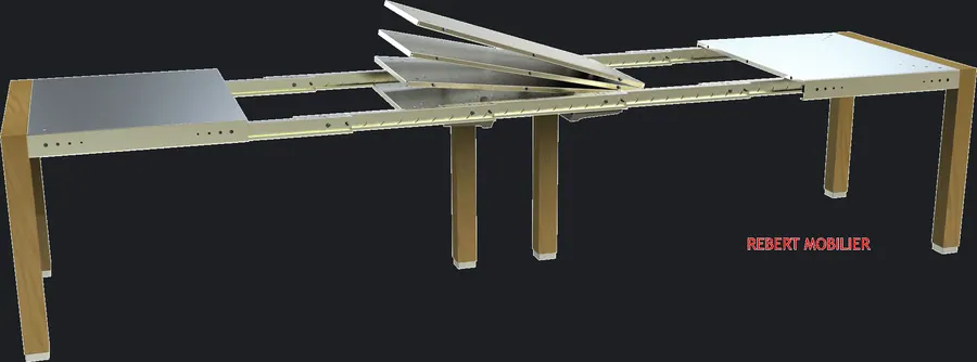Sabot goutte. Table extérieure inox, piétement à sabot en goutte, position ouverte.